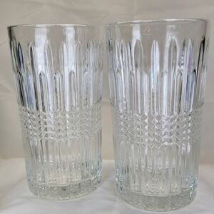 2 Fitz and Floyd Ellington Highball Glasses Tumbler Art Deco Cut Glass 13 oz Vtg